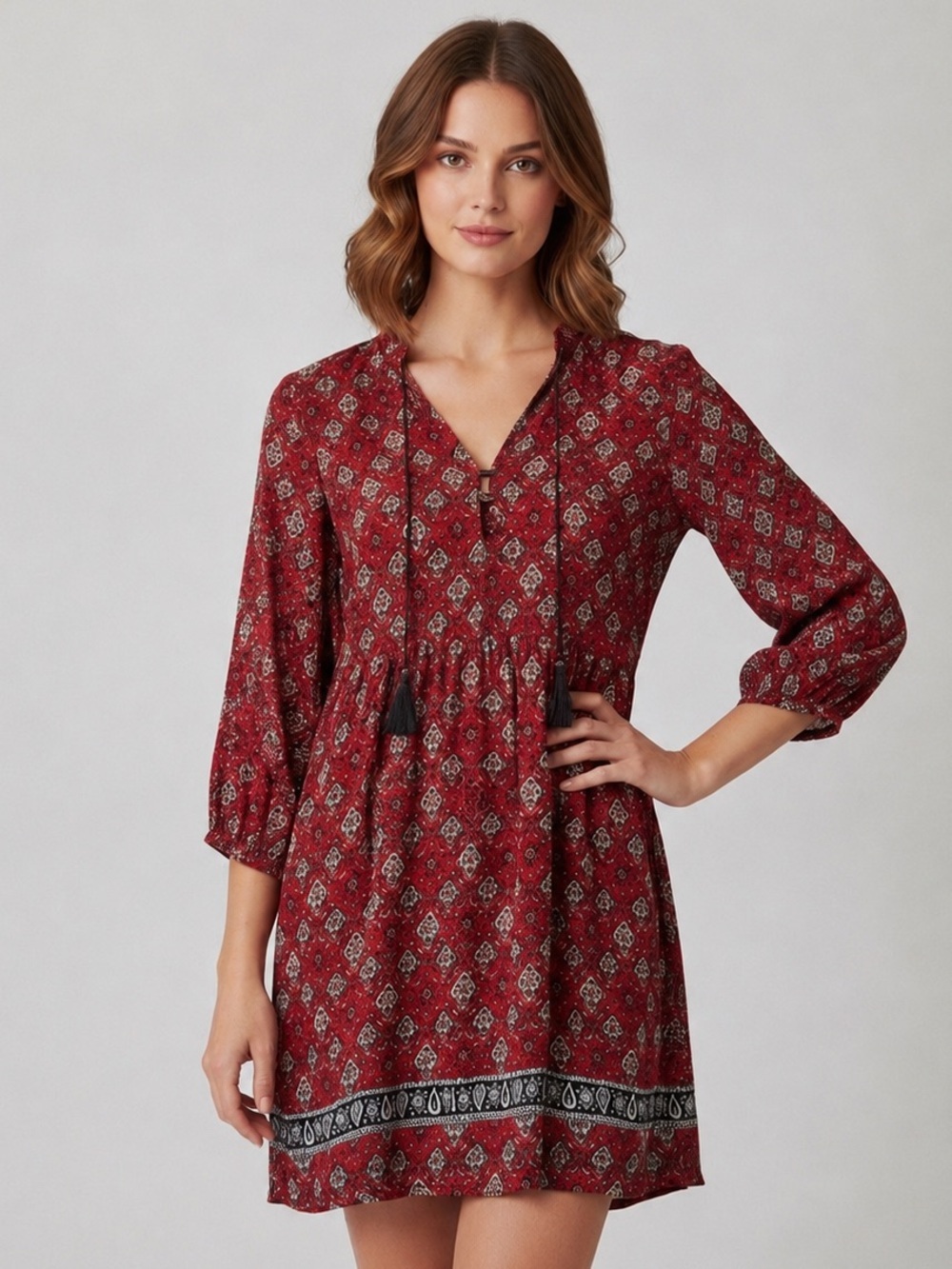 Forever 21 Boho Dress Burgundy Black Pattern Size S NWT